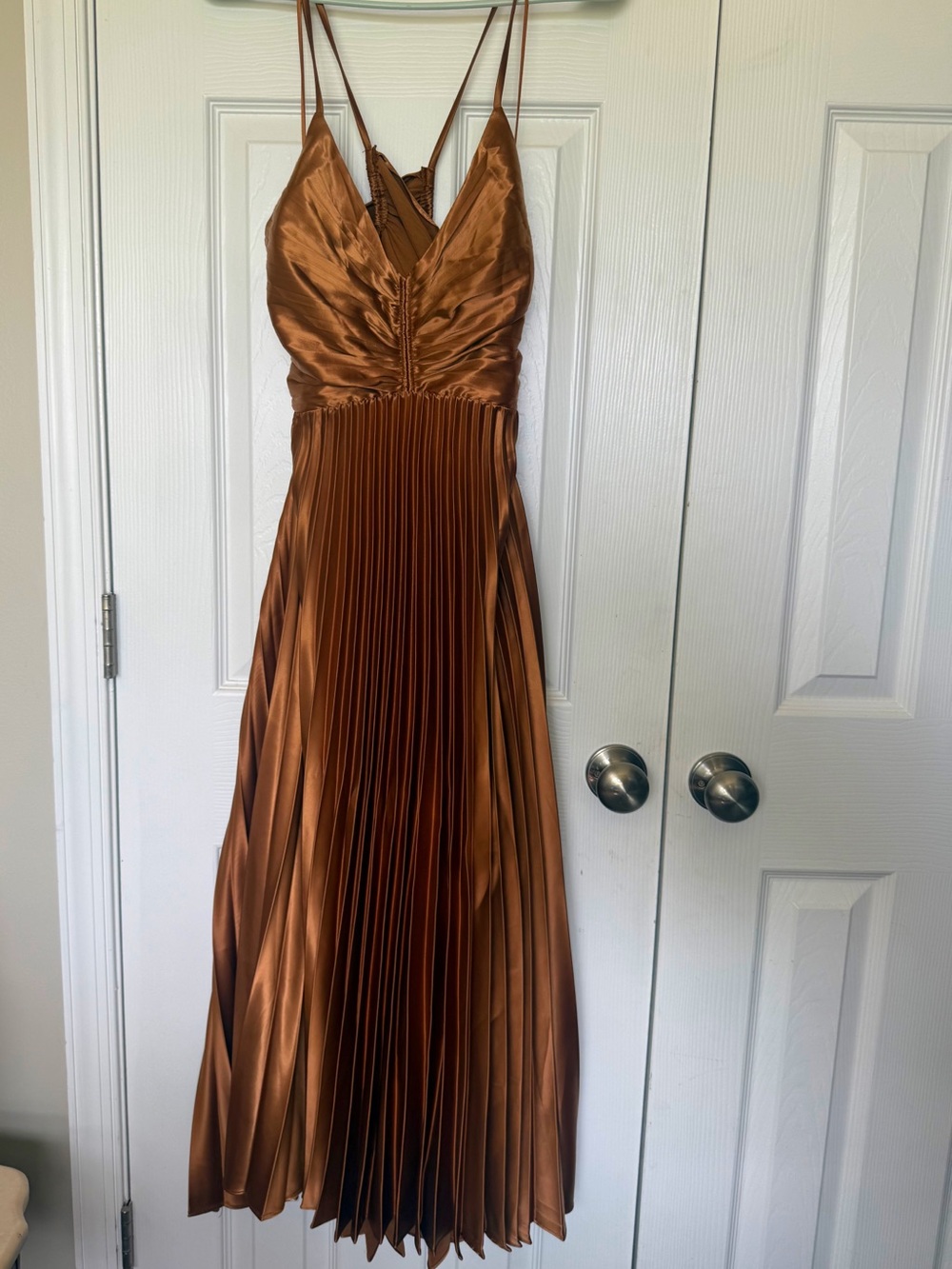 Satin Pleated Midi Dress in Copper